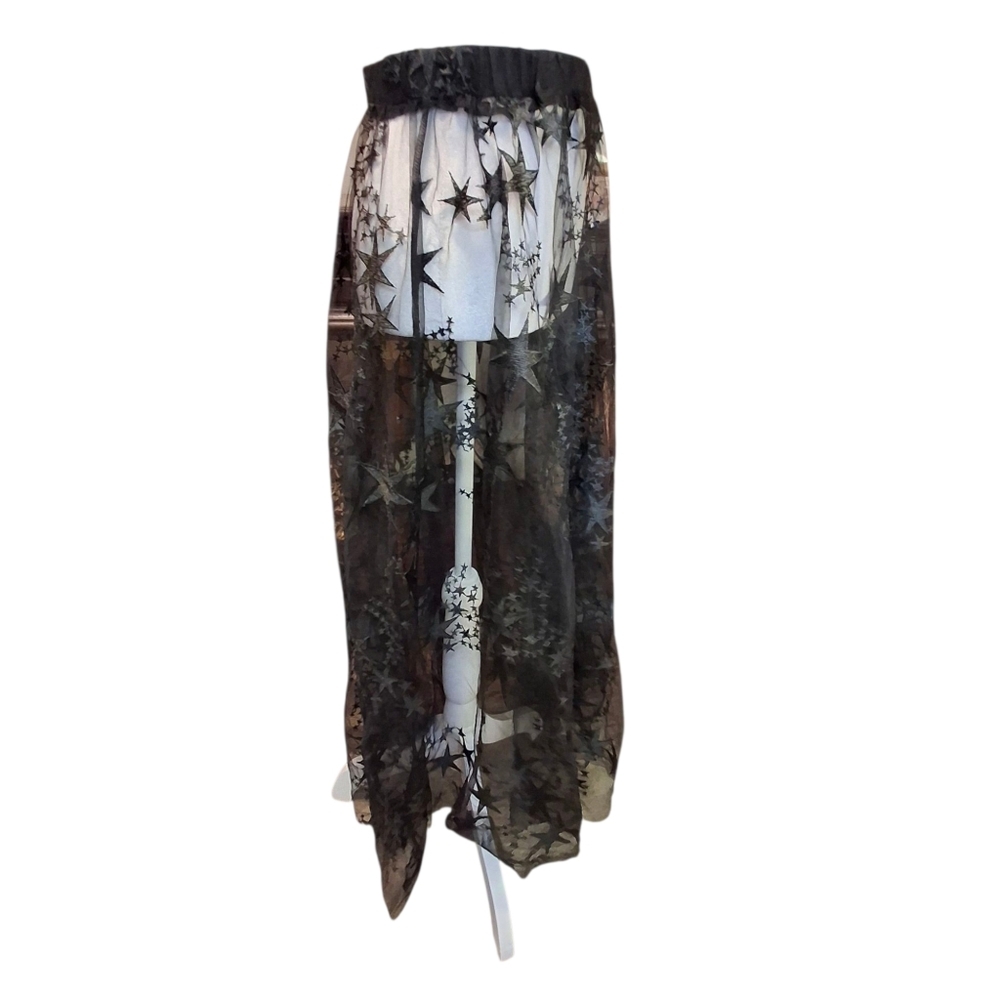 Romwe Black Mesh Sheer Embroidered Stars Maxi Cover-up Skirt Women Size Medium - Picture 8 of 16